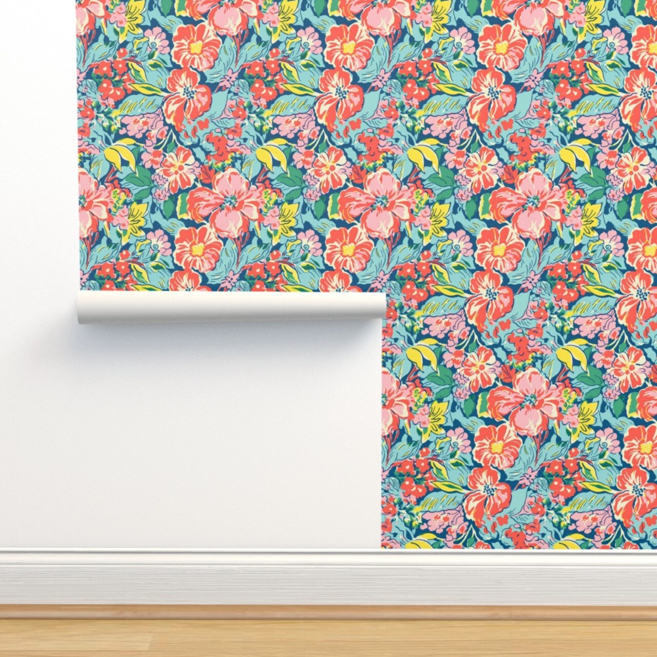 Tropical Florals Coral Flowers Island Hibiscus Pink Green Red Yellow Botanical Tropics Beach Colorful Custom Pre-pasted Wallpaper by Spoonflower Pre-Pasted Wallpaper 2FT Wide